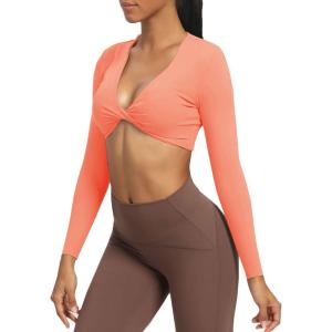 imageAoxjox Long Sleeve Crop Tops for Women Sienna Twist Deep V Workout Cropped T Shirt TopPapaya