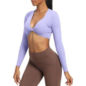 imageAoxjox Long Sleeve Crop Tops for Women Sienna Twist Deep V Workout Cropped T Shirt TopPurple Heather