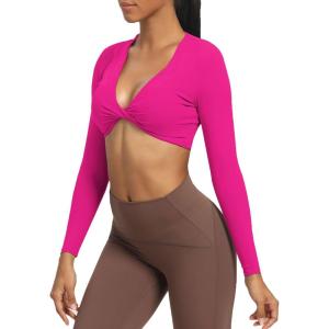 imageAoxjox Long Sleeve Crop Tops for Women Sienna Twist Deep V Workout Cropped T Shirt TopRose Red