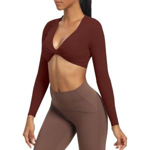 imageAoxjox Long Sleeve Crop Tops for Women Sienna Twist Deep V Workout Cropped T Shirt TopRum Raisin