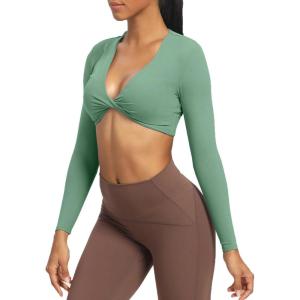 imageAoxjox Long Sleeve Crop Tops for Women Sienna Twist Deep V Workout Cropped T Shirt TopSage Green