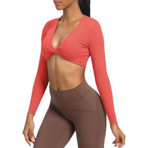 imageAoxjox Long Sleeve Crop Tops for Women Sienna Twist Deep V Workout Cropped T Shirt TopSpiced Coral