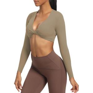 imageAoxjox Long Sleeve Crop Tops for Women Sienna Twist Deep V Workout Cropped T Shirt TopTaupe