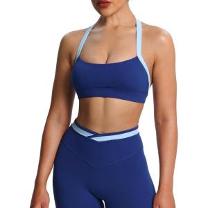 imageAoxjox Womens Color Block Halter Workout Sports Bras Fitness Blackless Padded Athletic Vanessa Bra Yoga Crop Tank TopBellwether BlueAiry Blue