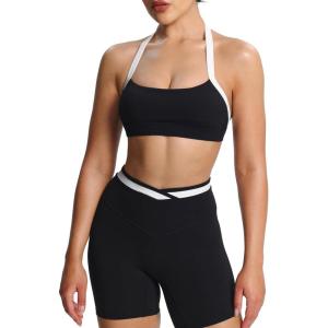 imageAoxjox Womens Color Block Halter Workout Sports Bras Fitness Blackless Padded Athletic Vanessa Bra Yoga Crop Tank TopBlack and White