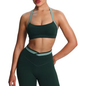 imageAoxjox Womens Color Block Halter Workout Sports Bras Fitness Blackless Padded Athletic Vanessa Bra Yoga Crop Tank TopForest GreenSage Green