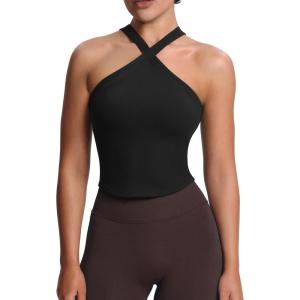 imageAoxjox Womens Workout CrossNeck Sport Bras Fitness Padded Elanor Bra Yoga Crop Tank TopBlack