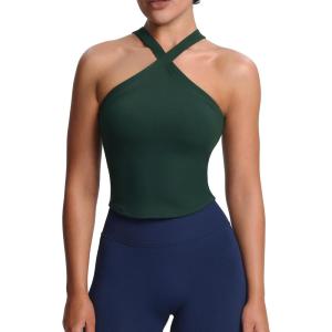 imageAoxjox Womens Workout CrossNeck Sport Bras Fitness Padded Elanor Bra Yoga Crop Tank TopForest Green