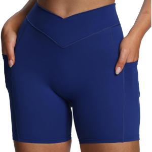 imageAoxjox Polly Workout Biker Shorts with Pockets for Women Crossover High Waisted Hidden Scrunch Gym Running Yoga Short 6quotBellwether Blue