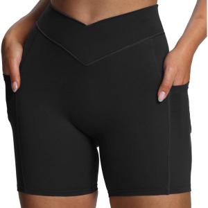 imageAoxjox Polly Workout Biker Shorts with Pockets for Women Crossover High Waisted Hidden Scrunch Gym Running Yoga Short 6quotBlack