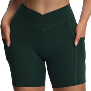 imageAoxjox Polly Workout Biker Shorts with Pockets for Women Crossover High Waisted Hidden Scrunch Gym Running Yoga Short 6quotForest Green