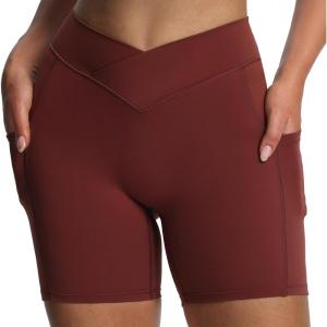 imageAoxjox Polly Workout Biker Shorts with Pockets for Women Crossover High Waisted Hidden Scrunch Gym Running Yoga Short 6quotRum Raisin