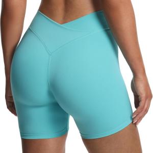 imageAoxjox Roxxy Workout Biker Shorts for Women CrossWaist Crossover V Back Tummy Control High Waisted Running Yoga Short 6quotTurquoise