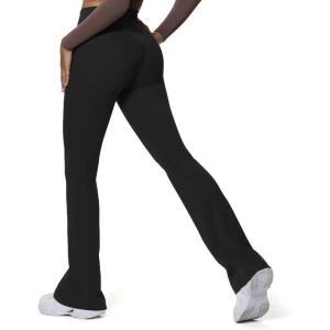 imageAoxjox Flare Leggings for Women Hidden Scrunch Butt Lifting High Waisted Wide Leg Yoga PantsBlack