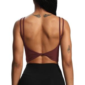 imageAoxjox Womens Workout Sports Bras Fitness Padded Backless Yoga Crop Tank Top Twist Back CamiRum Raisin