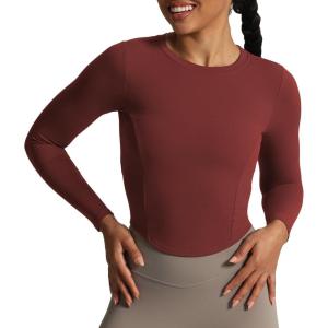 imageAoxjox Long Sleeve TShirt for Women GEO Seamlines Padded Curve Longline Workout Crop TopBurgundy