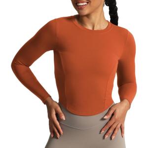 imageAoxjox Long Sleeve TShirt for Women GEO Seamlines Padded Curve Longline Workout Crop TopEarthy Brown