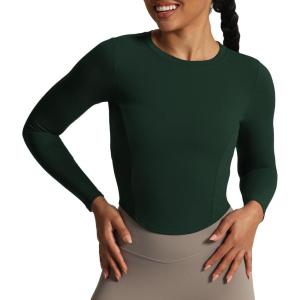 imageAoxjox Long Sleeve TShirt for Women GEO Seamlines Padded Curve Longline Workout Crop TopForest Green