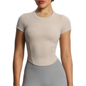 imageAoxjox Womens Short Sleeve TShirts GEO Baby Tee Workout Gym Yoga Crop TopMink