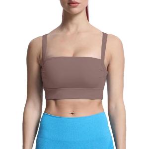 imageAoxjox Womens Workout High Impact Sports Bras Fitness Square Neck Balcony Open Back Bra Yoga Crop TankFudge Coffee