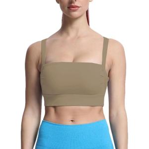 imageAoxjox Womens Workout High Impact Sports Bras Fitness Square Neck Balcony Open Back Bra Yoga Crop TankTaupe