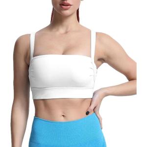 imageAoxjox Womens Workout High Impact Sports Bras Fitness Square Neck Balcony Open Back Bra Yoga Crop TankWhite