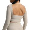 imageAoxjox Long Sleeve Crop Tops for Women Square Hollow Back Workout Cropped T Shirt TopMink