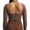 imageAoxjox Long Sleeve Crop Tops for Women Square Hollow Back Workout Cropped T Shirt TopFudge Coffee
