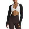 imageAoxjox Womens Long Sleeve Open Front Seamless Shrug Thumb Hole Crop Top Workout CardiganBlack