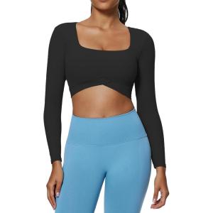 imageAoxjox Vivie Long Sleeve Crop Tops for Women Square Neck Hem Layers Workout Cropped T Shirt TopBlack