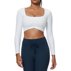 imageAoxjox Vivie Long Sleeve Crop Tops for Women Square Neck Hem Layers Workout Cropped T Shirt TopWhite