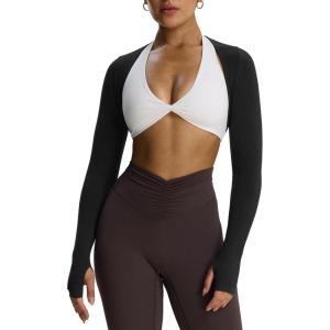 imageAoxjox Womens Long Sleeve Open Front Seamless Shrug Thumb Hole Crop Top Workout CardiganBlack