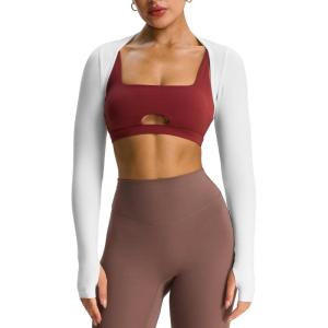 imageAoxjox Womens Long Sleeve Open Front Seamless Shrug Thumb Hole Crop Top Workout CardiganCream White