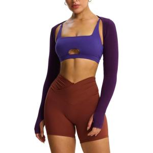 imageAoxjox Womens Long Sleeve Open Front Seamless Shrug Thumb Hole Crop Top Workout CardiganDark Purple