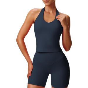 imageAoxjox Womens Sleeveless Hailey Halter Tank Tops Workout Athletics Gym Yoga Curve Longline Crop TopBlueberry