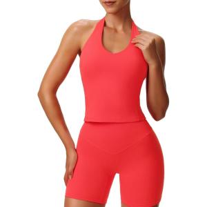 imageAoxjox Womens Sleeveless Hailey Halter Tank Tops Workout Athletics Gym Yoga Curve Longline Crop TopFiery Coral
