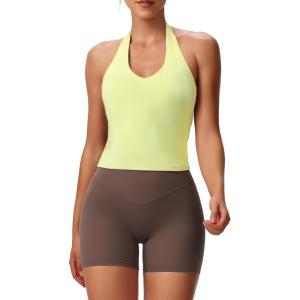 imageAoxjox Womens Sleeveless Hailey Halter Tank Tops Workout Athletics Gym Yoga Curve Longline Crop TopPastel Yellow