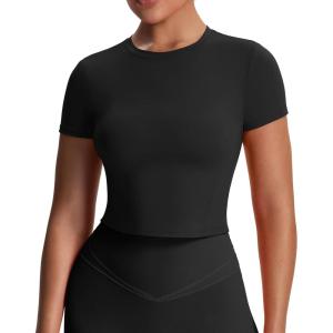 imageAoxjox Womens Workout Short Sleeve TShirts Crew Neck Baby Tee Without Padded Athletic Gym Yoga Crop TopsBlack