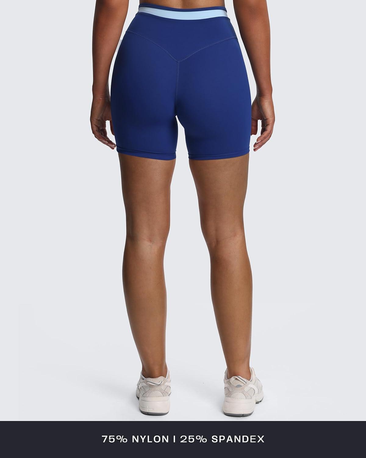 imageAoxjox Velma Workout Biker Shorts for Women Color Block CrossWaist High Waisted Exercise Gym Running Yoga Short 6quotBellwether BlueAiry Blue