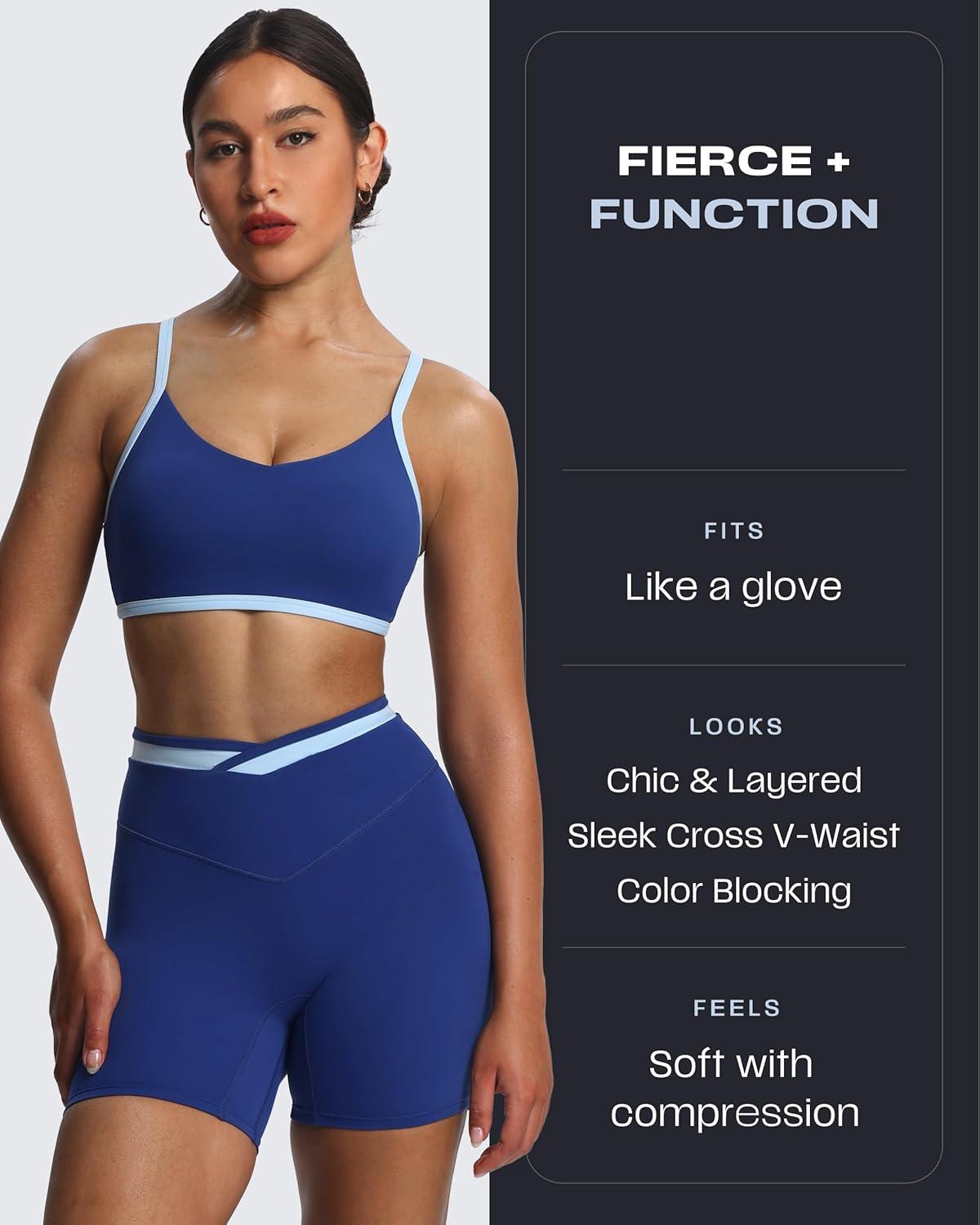 imageAoxjox Velma Workout Biker Shorts for Women Color Block CrossWaist High Waisted Exercise Gym Running Yoga Short 6quotBellwether BlueAiry Blue