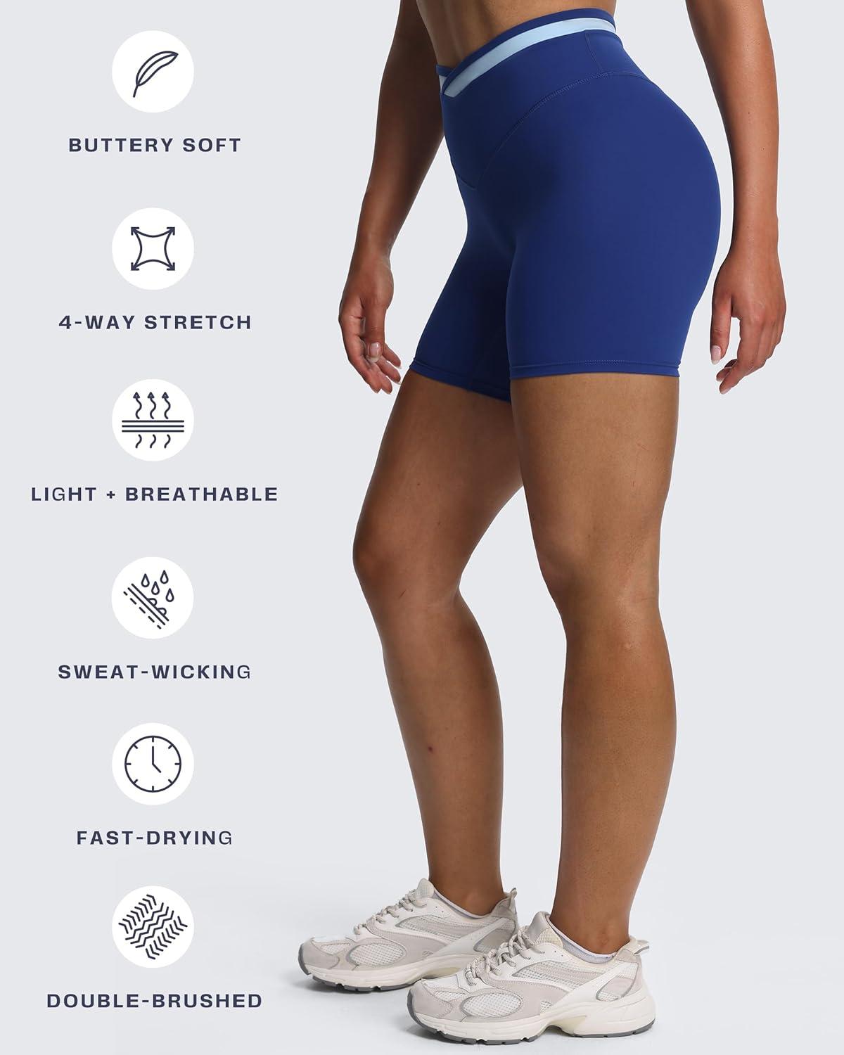 imageAoxjox Velma Workout Biker Shorts for Women Color Block CrossWaist High Waisted Exercise Gym Running Yoga Short 6quotBellwether BlueAiry Blue