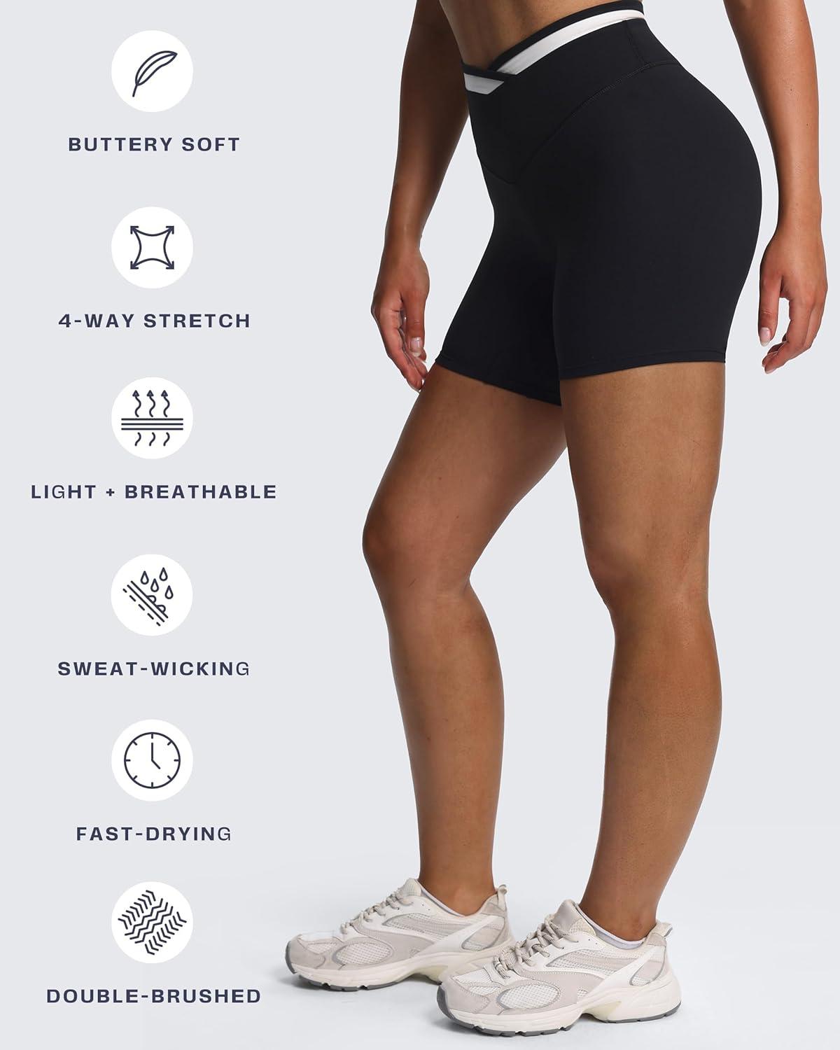 imageAoxjox Velma Workout Biker Shorts for Women Color Block CrossWaist High Waisted Exercise Gym Running Yoga Short 6quotBlackness and White