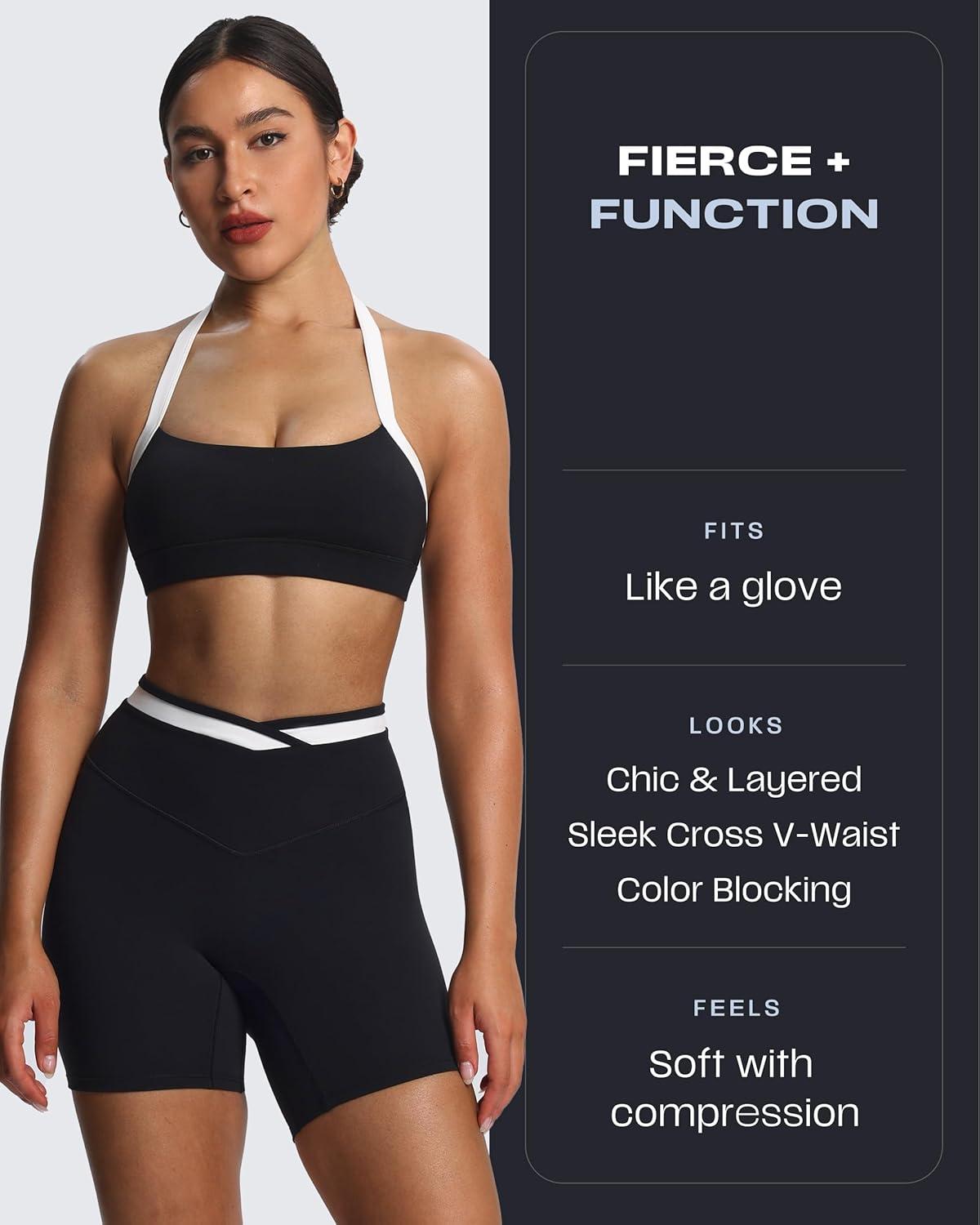 imageAoxjox Velma Workout Biker Shorts for Women Color Block CrossWaist High Waisted Exercise Gym Running Yoga Short 6quotBlackness and White