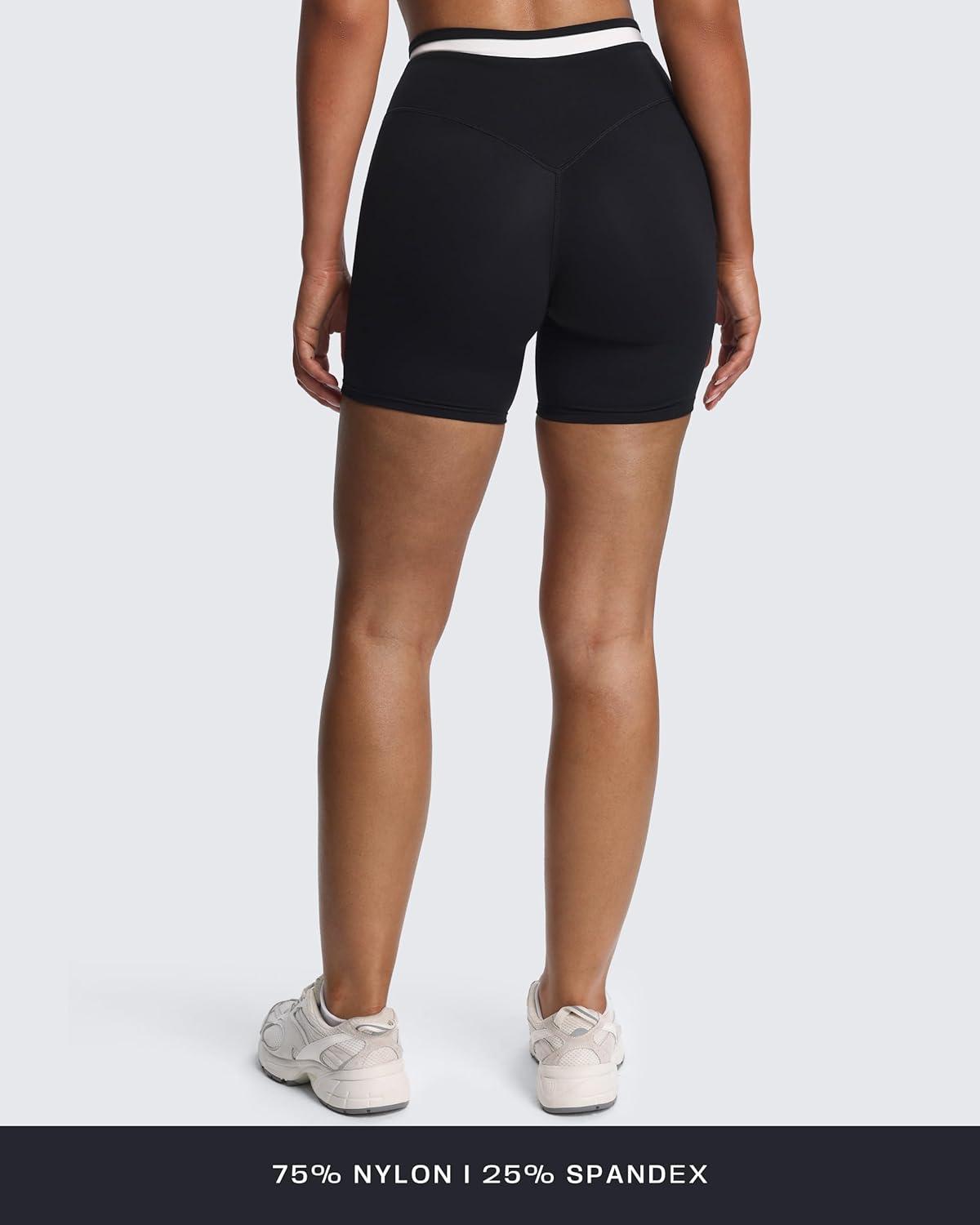 imageAoxjox Velma Workout Biker Shorts for Women Color Block CrossWaist High Waisted Exercise Gym Running Yoga Short 6quotBlackness and White