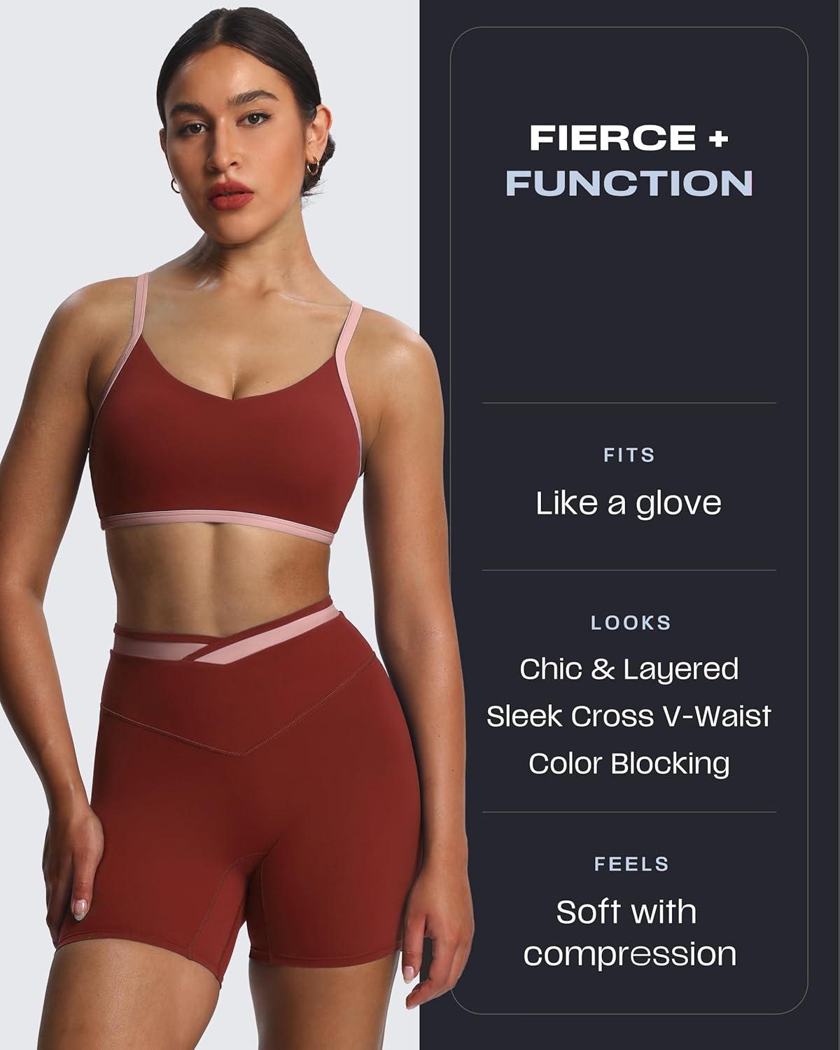 imageAoxjox Velma Workout Biker Shorts for Women Color Block CrossWaist High Waisted Exercise Gym Running Yoga Short 6quotBurgundyWoodrose