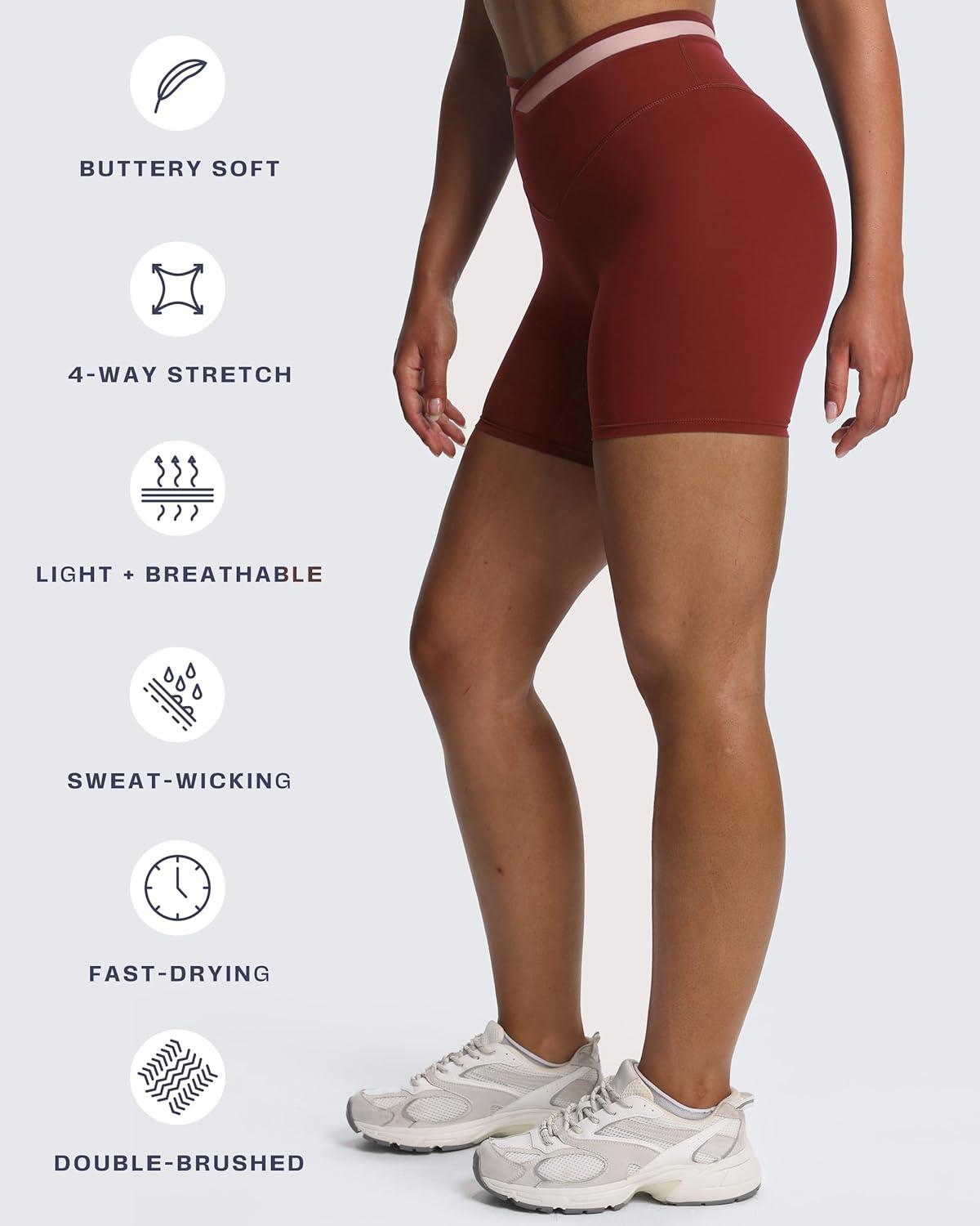 imageAoxjox Velma Workout Biker Shorts for Women Color Block CrossWaist High Waisted Exercise Gym Running Yoga Short 6quotBurgundyWoodrose