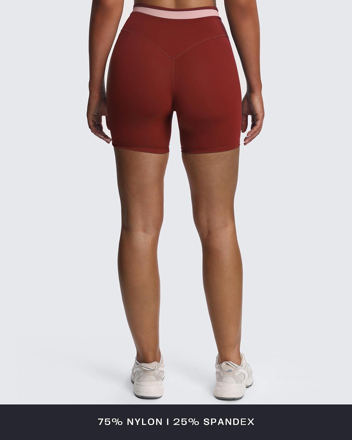 imageAoxjox Velma Workout Biker Shorts for Women Color Block CrossWaist High Waisted Exercise Gym Running Yoga Short 6quotBurgundyWoodrose