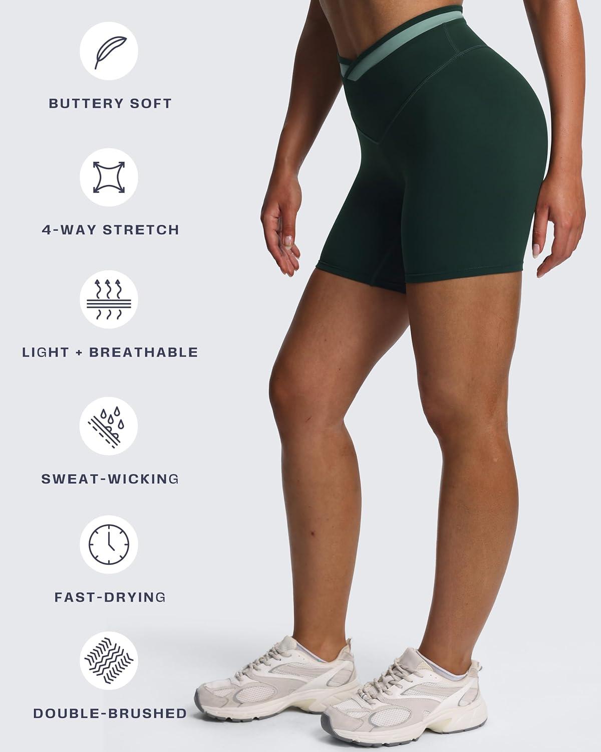imageAoxjox Velma Workout Biker Shorts for Women Color Block CrossWaist High Waisted Exercise Gym Running Yoga Short 6quotForest GreenSage Green