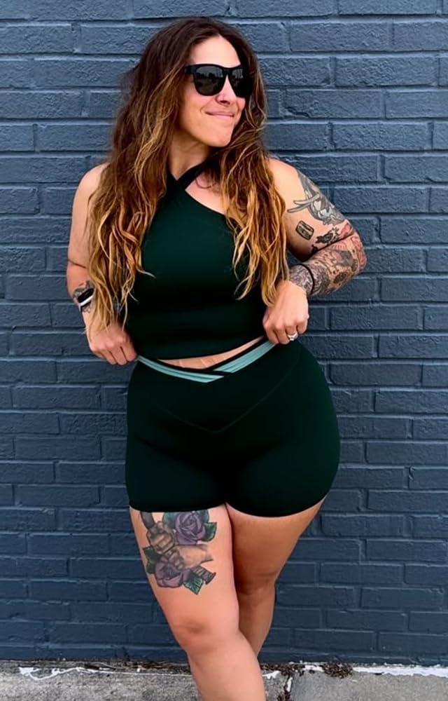 imageAoxjox Velma Workout Biker Shorts for Women Color Block CrossWaist High Waisted Exercise Gym Running Yoga Short 6quotForest GreenSage Green