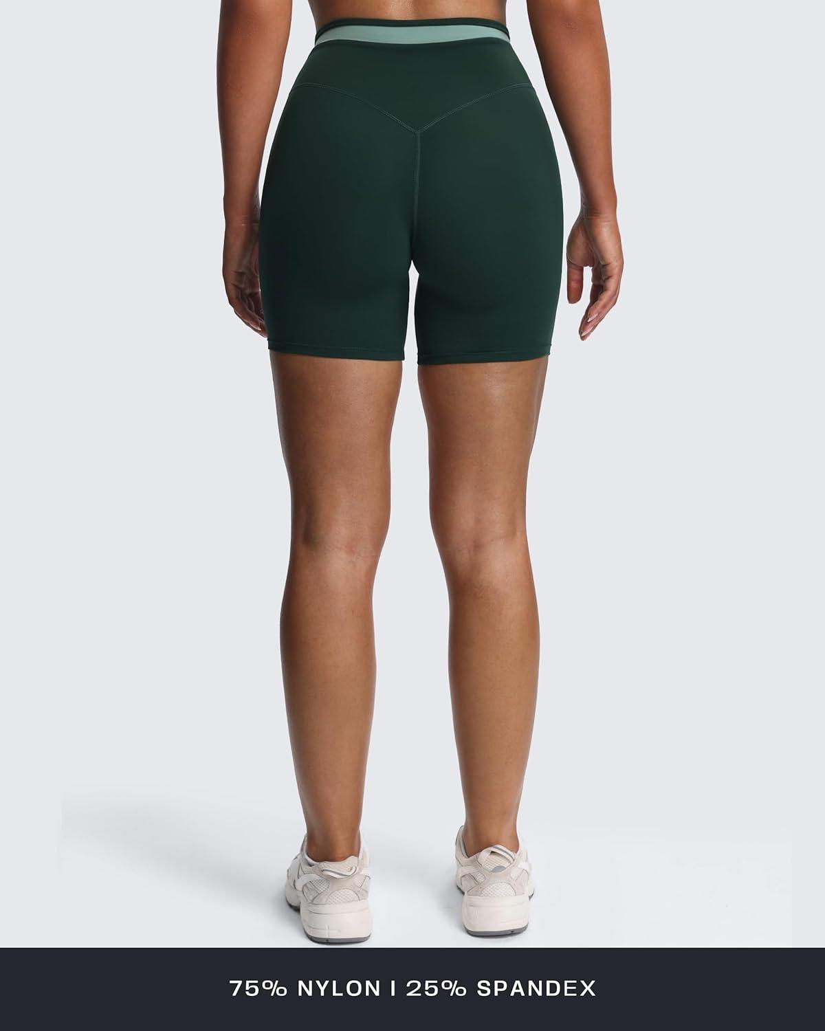imageAoxjox Velma Workout Biker Shorts for Women Color Block CrossWaist High Waisted Exercise Gym Running Yoga Short 6quotForest GreenSage Green